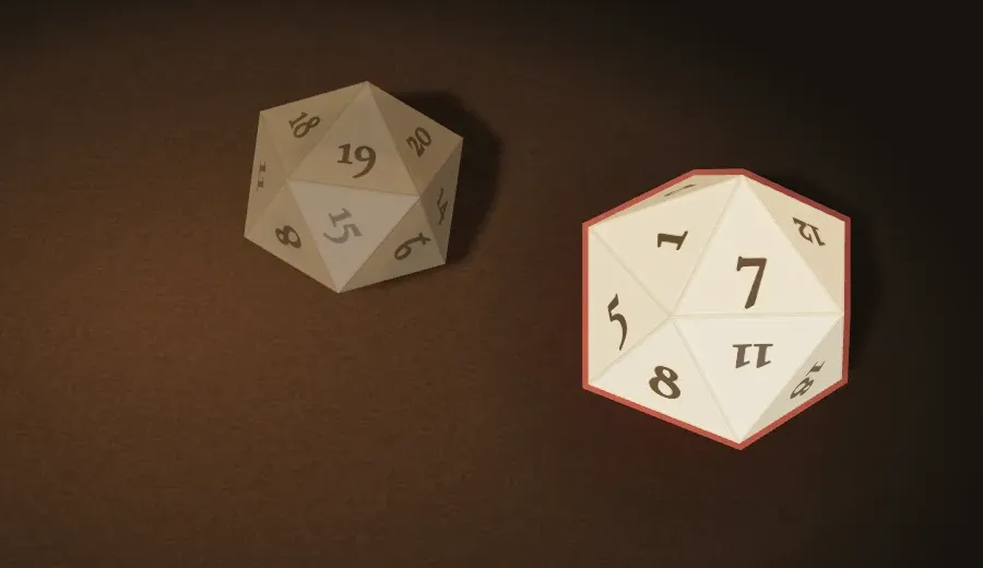 Two d20s on a dark felt tray: a greyed-out 19 and a highlighted 7