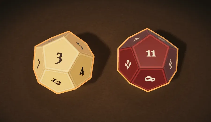 Two d12s, a pale one showing 3 and a red one showing 11