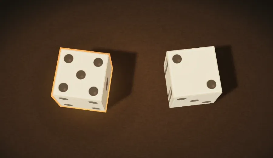 Two six-sided dice showing 5 and 2