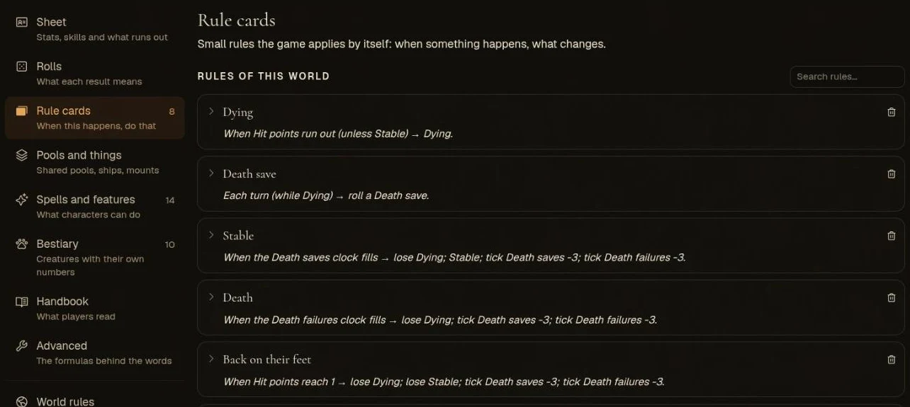 Studio Rules, the Rule cards part: each card collapsed to its sentence, with a search box, and the other parts of the rules listed on the left