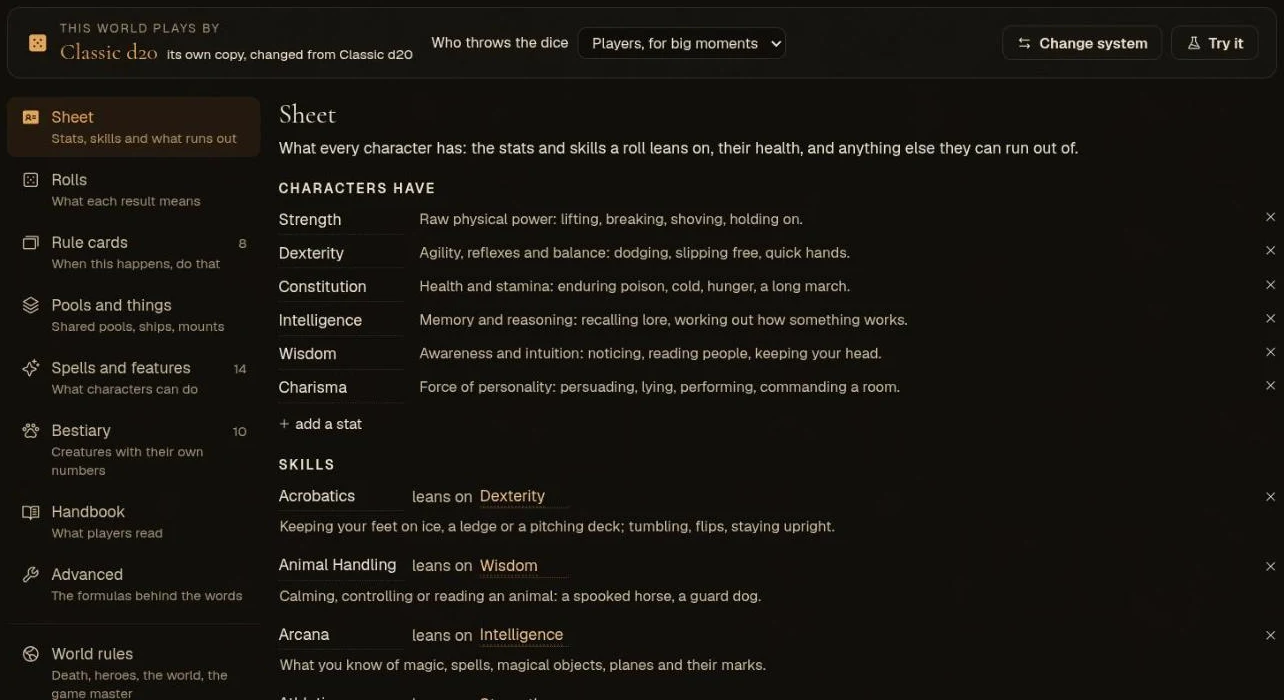 Studio Rules, the Sheet part: the six stats with their descriptions and the skills each leans on, with the other parts of the rules listed on the left