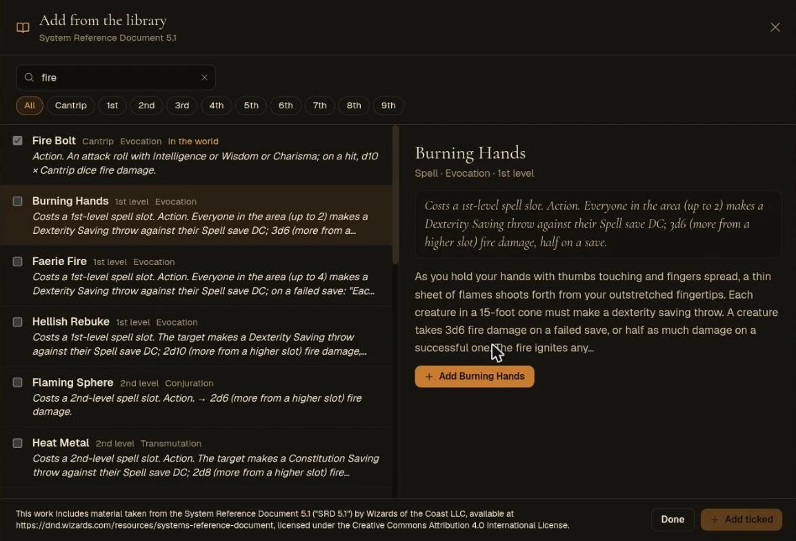 Add from the library, a side panel: a search for fire, level chips, Fire Bolt ticked as in the world, Burning Hands, Faerie Fire, Hellish Rebuke, Flaming Sphere and Heat Metal with tick boxes, Burning Hands read whole on the right with an Add button, and the SRD credit
