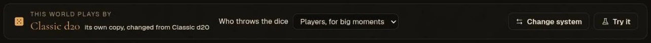 The bar across the top of Studio Rules: This world plays by Classic d20, its own copy, who throws the dice, Change system and Try it