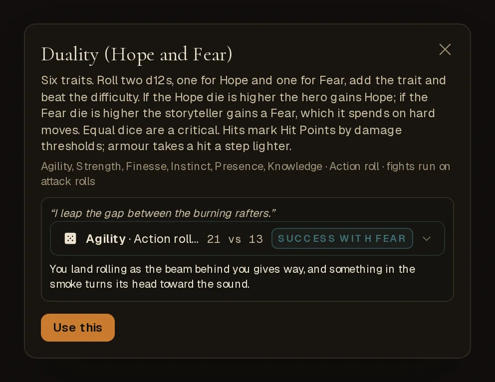 The Hope and Fear preset's detail panel with a sample action, its roll chip and the scene that followed