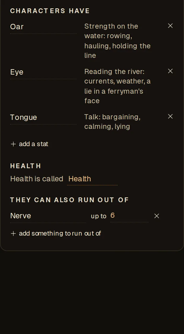 The Sheet on a phone: stat names with their descriptions wrapping onto several lines