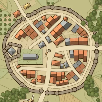 A heartland town drawn by the generator: timber terraces and a market cross