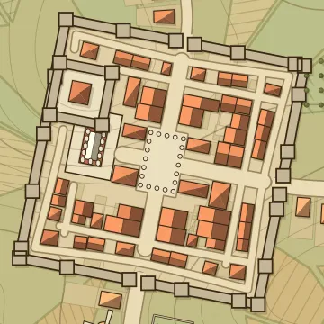 A imperial town drawn by the generator: a surveyed grid around a forum