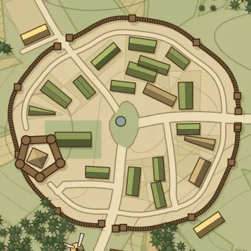 A northern town drawn by the generator: longhouses inside a palisade
