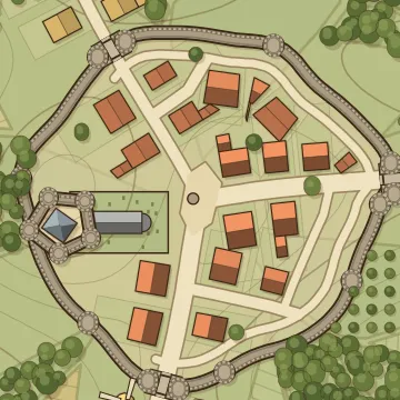 Un pueblo libro de cuentos dibujado por el generador: casitas con jardín alrededor de la posada